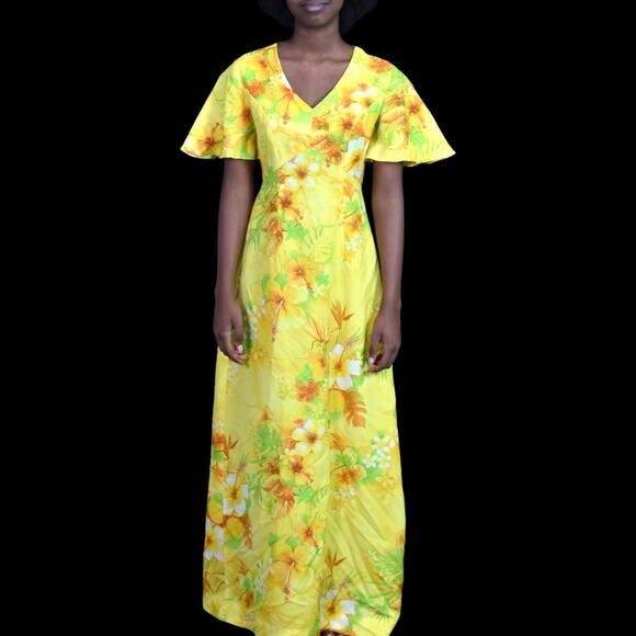 Vintage Royal Hawaiian Dress Yellow Maxi Tiki A Line Bohemian 70s Tropical XS - Picture 1 of 14